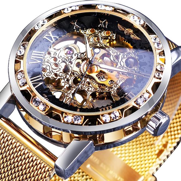 Retro Manual Mechanical Skeleton Watch with Diamond and Carving Flower, Gold-W - Picture 3 of 6